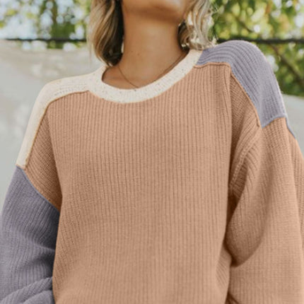 Color Block Round Neck Drop Shoulder Sweater