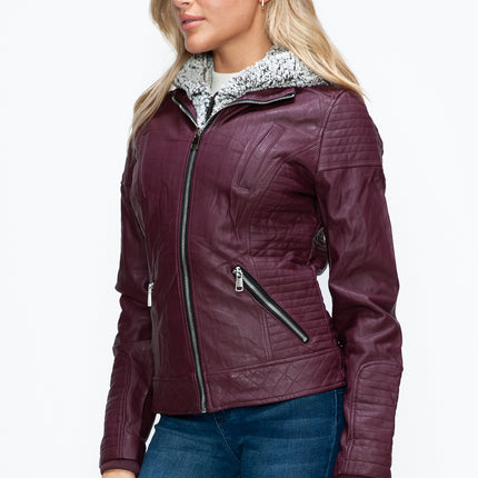 YMI Faux Layered Double-Zipper Jacket with Fuzzy Hood