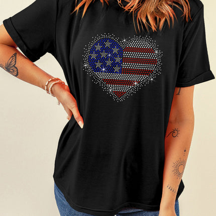 Rhinestone Heart Round Neck Short Sleeve T-Shirt