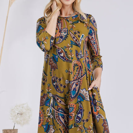 Celeste Full Size Paisley Print Round Neck Dress with Pockets