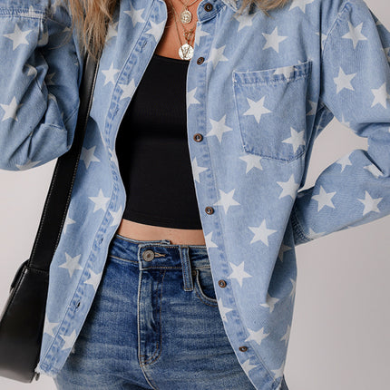 Raw Hem Star Collared Neck Denim Top