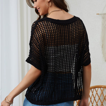 Openwork Round Neck Half Sleeve Knit Cover Up