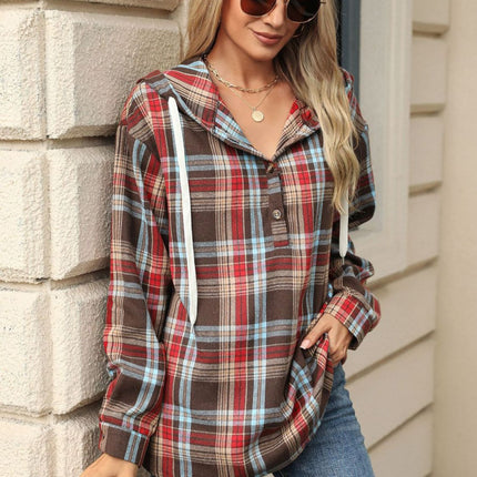 Drawstring Plaid Hooded Long Sleeve Top