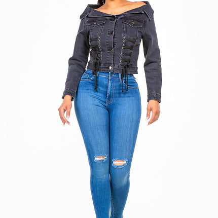 American Bazi Off Shoulder Lace Up Denim Jacket