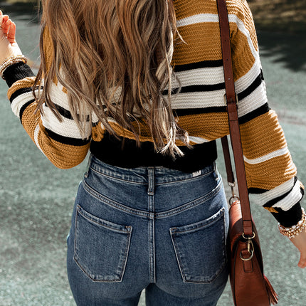 Contrast Stripes V Neck Long Sleeve Sweater