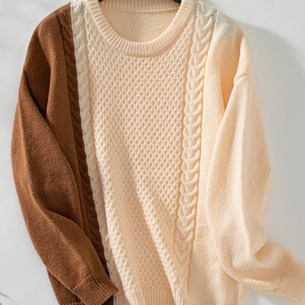 Two Tone Cable Knit Round Neck Long Sleeve Sweater