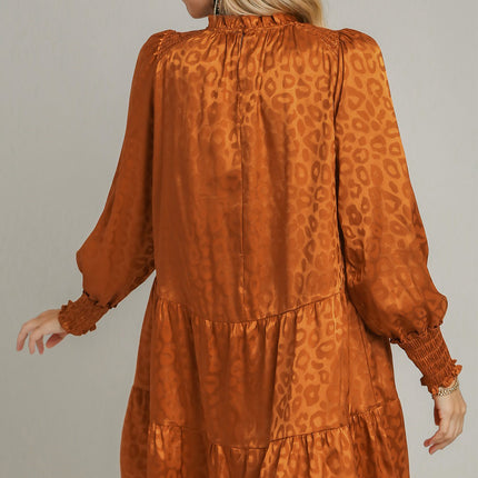 Umgee Smocked Leopard Long Sleeve Tiered Dress