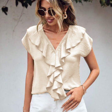 Ruffled V-Neck Short Sleeve Blouse