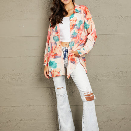 Double Take Floral Long Sleeve Slit Longline Shirt