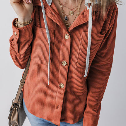 Drawstring Button Up Long Sleeve Hooded Jacket - Vickie Lynn's
