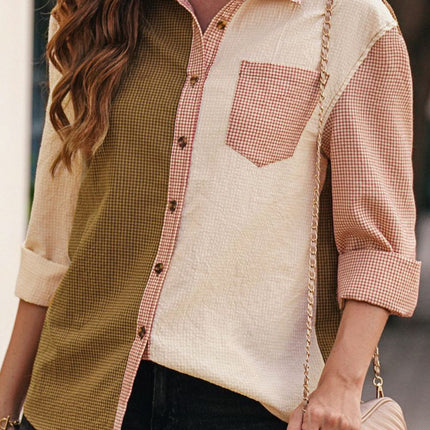 Contrast Plaid Button Down Long Sleeve Shirt