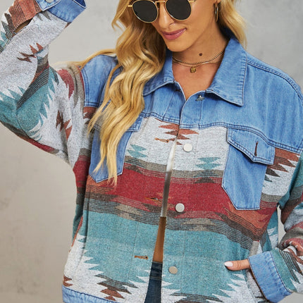 Geometric Button Up Dropped Shoulder Denim Jacket