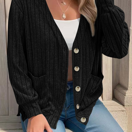 Full Size Button Up V-Neck Long Sleeve Cardigan