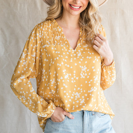 Double Take Printed Notched Neck Smocked Blouse