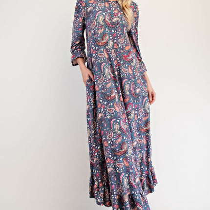 Celeste Full Size Ruffle Hem Paisley Round Neck Dress