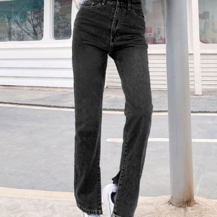 Side Slit High Waist Jeans with Pockets