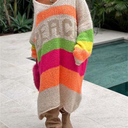 Color Block V-Neck Long Sleeve Sweater Dress