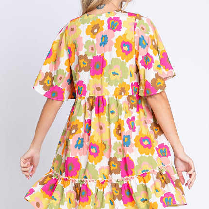 GeeGee Floral V-Neck Ruffle Hem Mini Dress