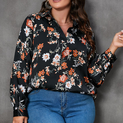 Plus Size Printed Johnny Collar Long Sleeve Blouse