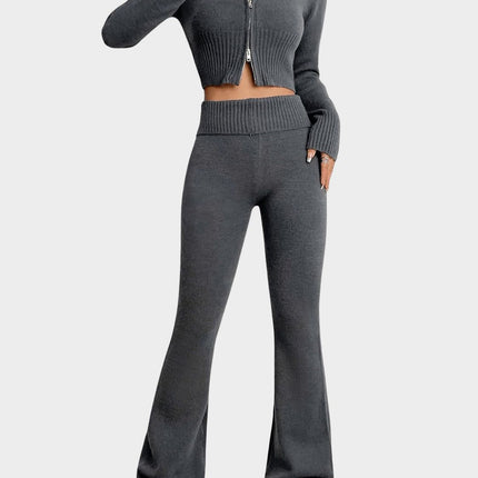 Zip Up Hooded Top and Flare Pants Sweater Set