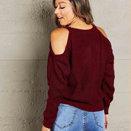 Double Take Round Neck Cold-Shoulder Ribbed Sweater