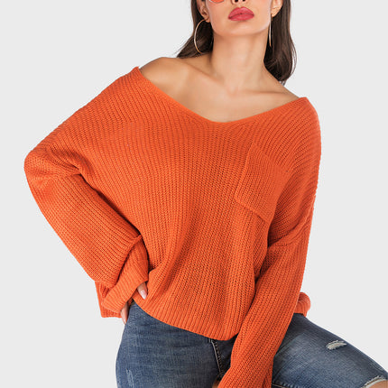 Perfee V-Neck Dropped Shoulder Long Sleeve Sweater