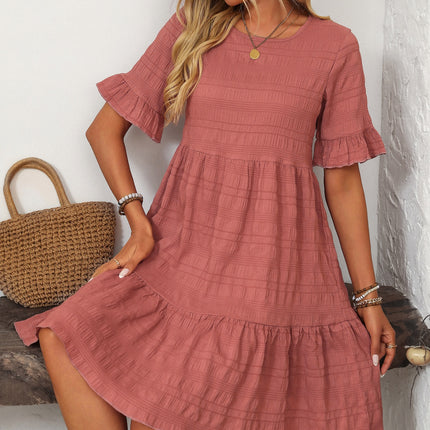 Mandy Ruffled Ruched Round Neck Half Sleeve Dress