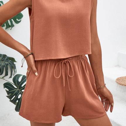 Round Neck Top and Drawstring Shorts Set