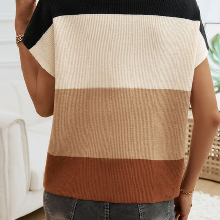 Devine Color Block Round Neck Short Sleeve Sweater