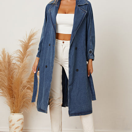 Double-Breasted Belted Longline Denim Jacket