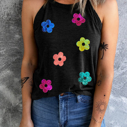 Sequin Flower Round Neck Tank