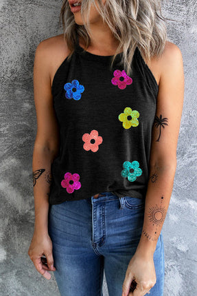 Sequin Flower Round Neck Tank