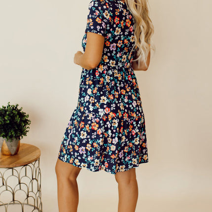 Floral Round Neck Short Sleeve Mini Dress