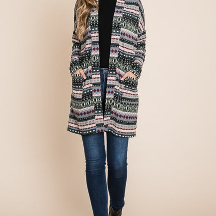 BOMBOM Geometric Open Front Long Sleeve Cardigan with Pockets