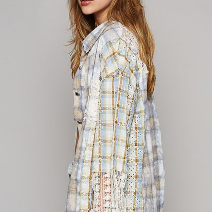 POL Long Sleeve Embroidered Crochet Plaid Shirt