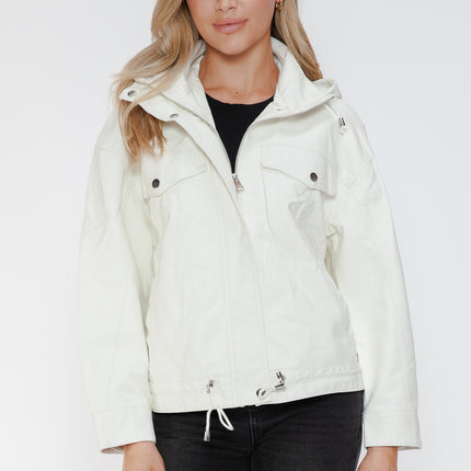 How Dare U Drawstring Hem PU Leather Zip Up Jacket
