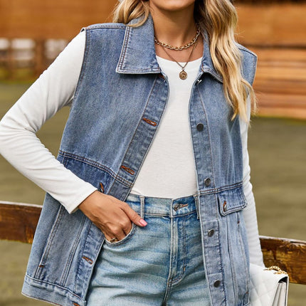 Sleeveless Collared Neck Denim Top with Pockets