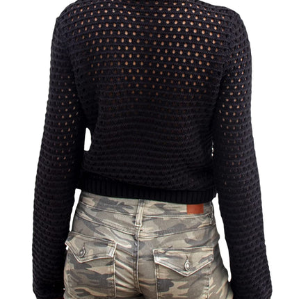 Openwork Round Neck Long Sleeve Knit Top