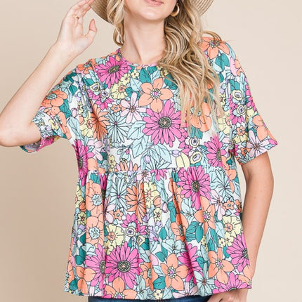 BOMBOM Floral Round Neck Short Sleeve Blouse