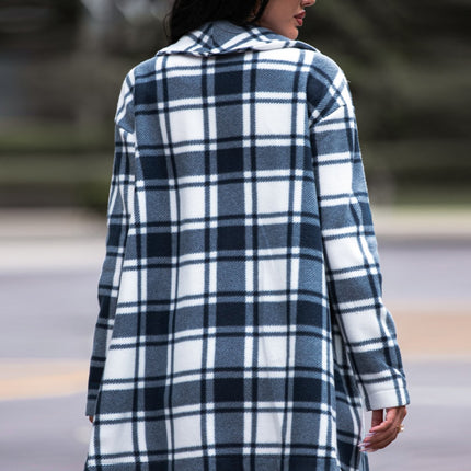 Shiny Plaid Shawl Collar Coat with Pockets