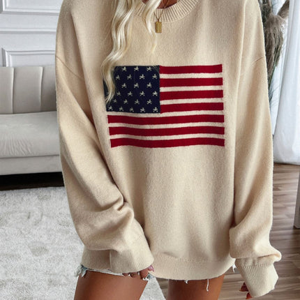 Devine US Flag Round Neck Long Sleeve Knit Top - Vickie Lynn's