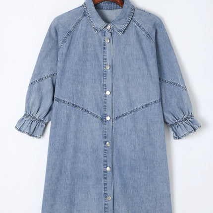 Distressed Collared Neck Flounce Sleeve Denim Dress