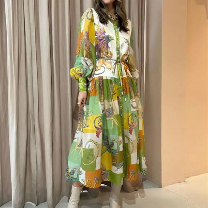 2023 Autumn Print Holiday Women Beach Dress With Belts A-line Long Lantern Sleeve Single Breasted Lapel Seaside Dresses Robe