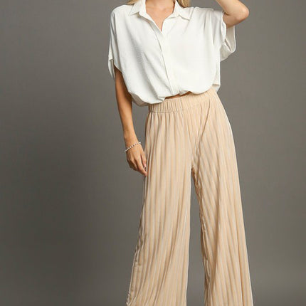 Umgee Elastic Waist Striped Wide Leg Velvet Pants