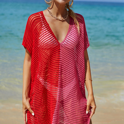 Double Take Openwork Contrast Slit Knit Cover Up