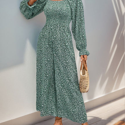 Perfee Smocked Printed Long Sleeve Wide Leg Jumpsuit