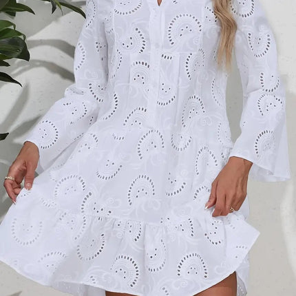 Ruffle Hem Eyelet Notched Long Sleeve Dress