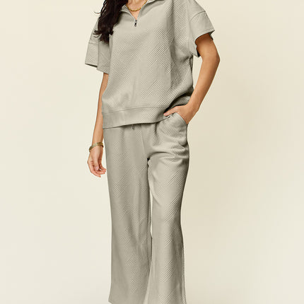 Double Take Full Size Texture Half Zip Short Sleeve Top and Pants Set - Vickie Lynn's