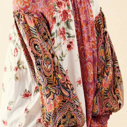 Frill Floral Shirred Cuff Long Sleeve Blouse