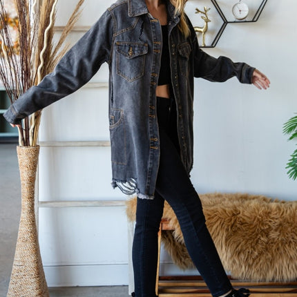 Veveret Button Up Distressed Frayed Hem Denim Jacket